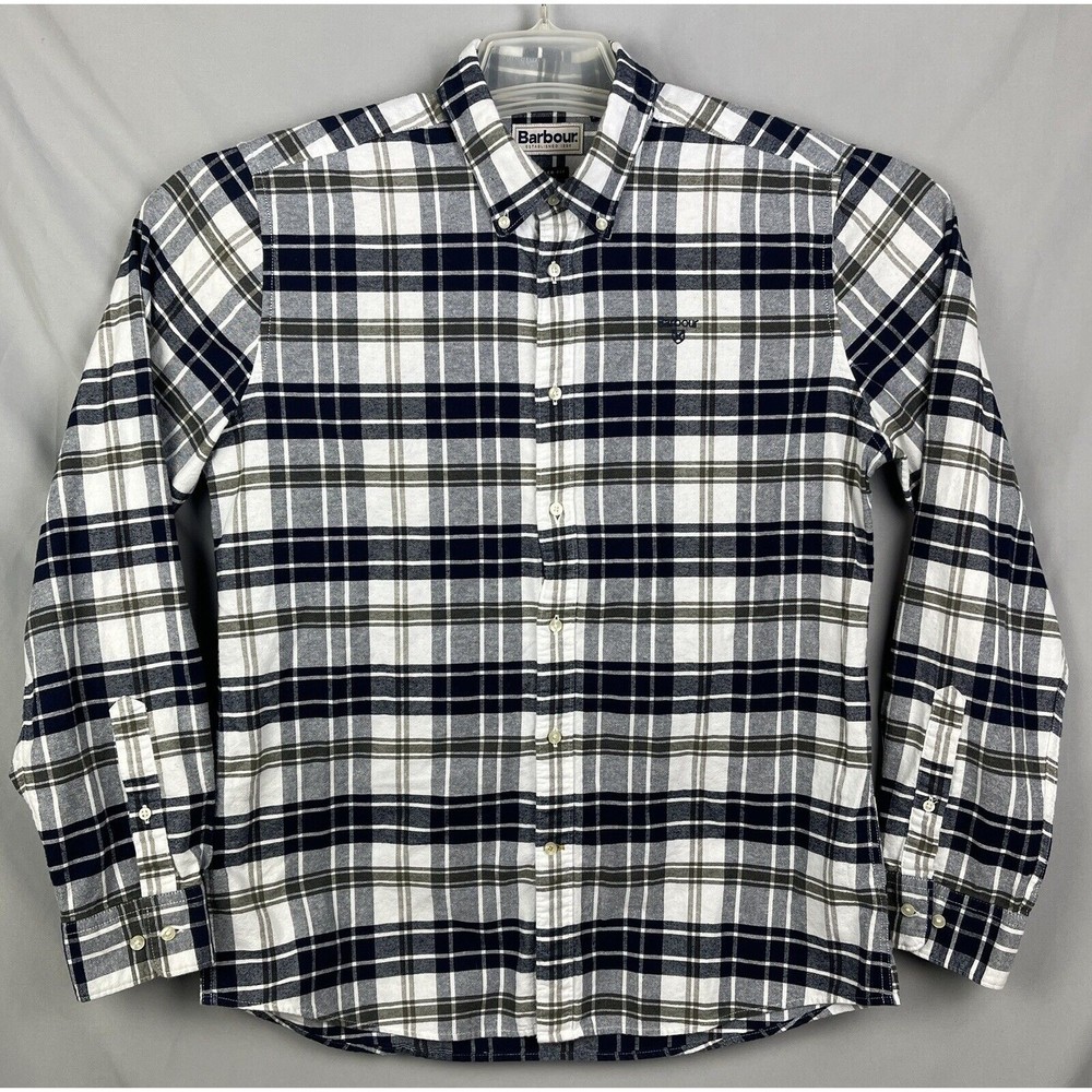 Barbour Tailored Fit Mens US M Blue Plaid Flannel Button Long Sleeve Shirt